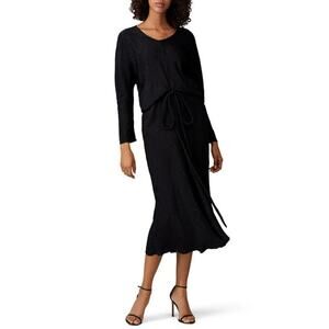 Nissa Bat Jacquard Midi Dress XX Long Sleeve V-Neck Waist Tie Black Size 12